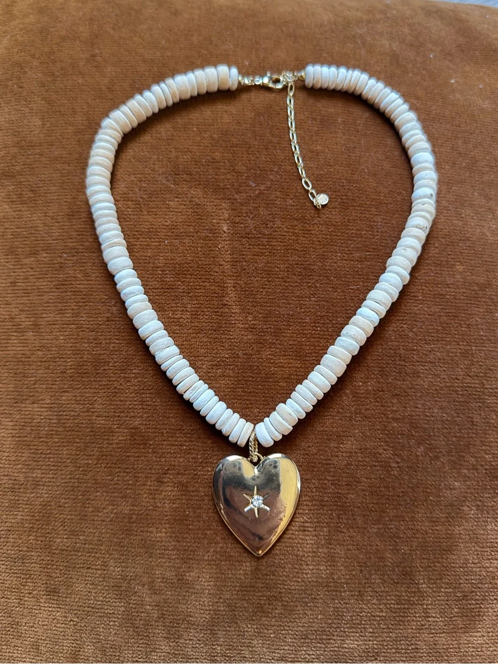 Gold Heart Pendant Necklace with Cream Bead Strand